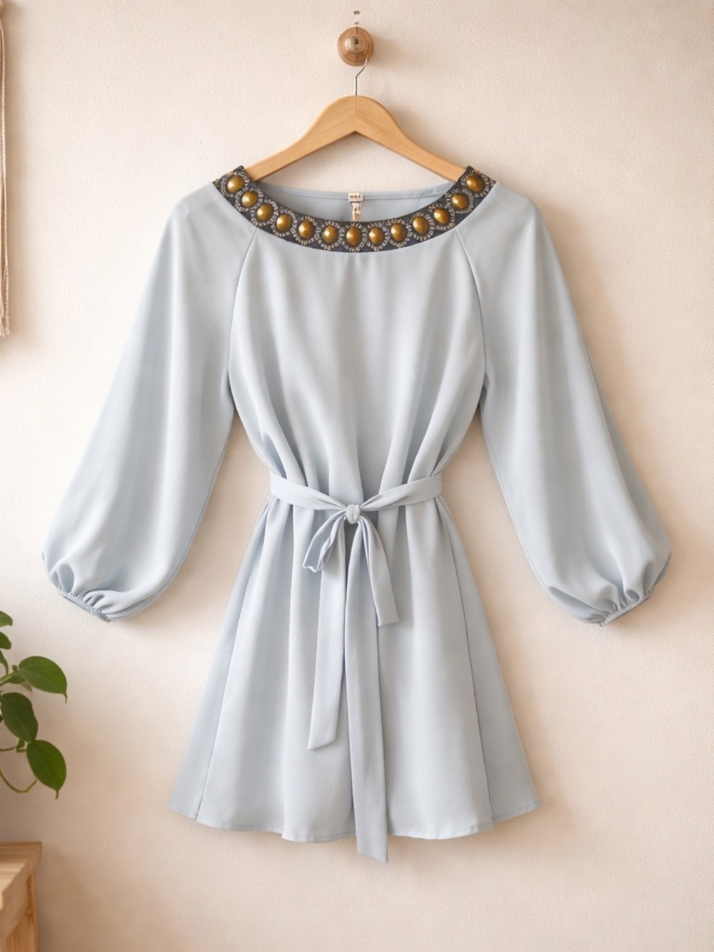miami Light Blue Embellished Neck Tie-Waist Mini Dress - Picture 4 of 11